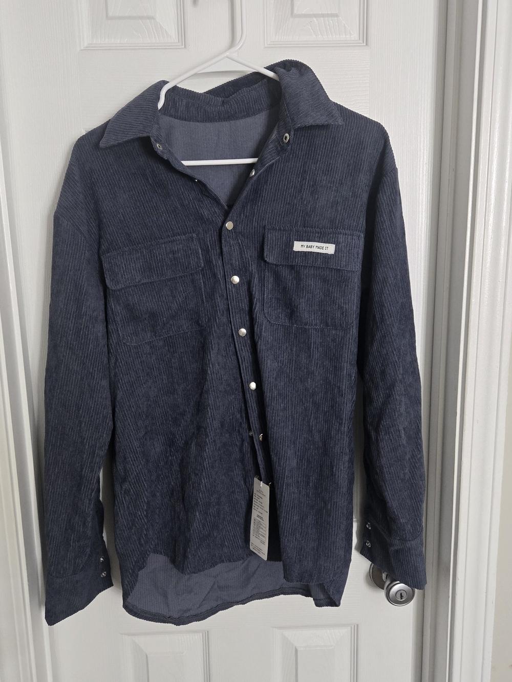 Corduroy Button-Up Shirt Jacket And Skirt in Slate Blue Size M